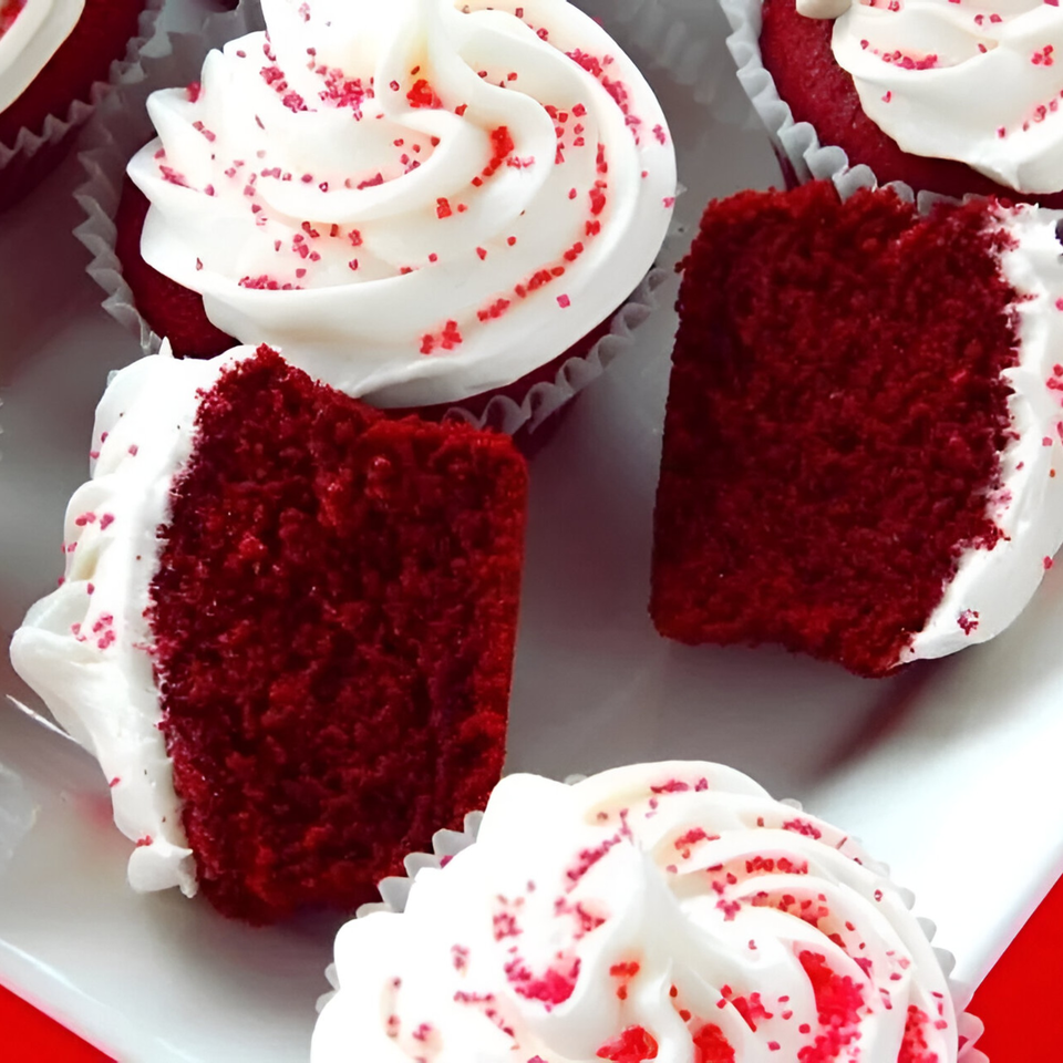 Red velvet cupcakes with white frosting and red sprinkles, two cut in half, on a white plate.