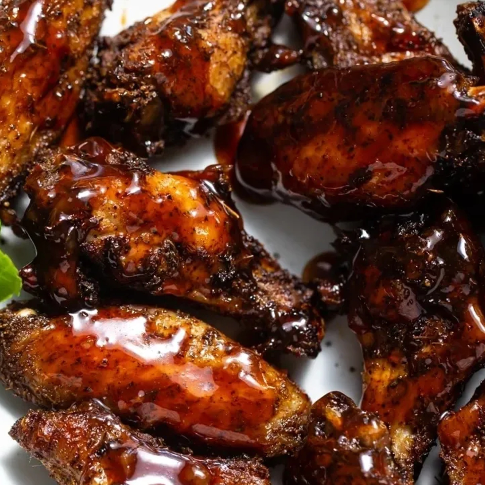Close-up of several Caribbean jerk chicken wings, glistening with a rich, dark sauce.