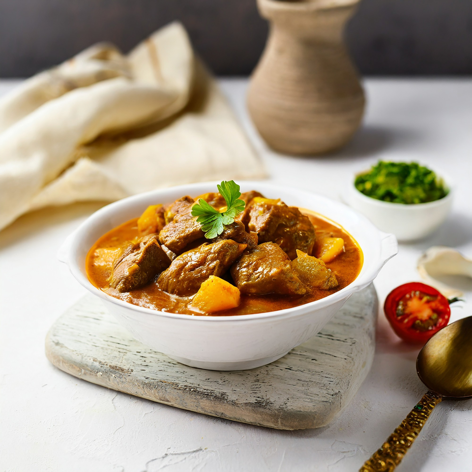 A white bowl of rich Caribbean curry with meat and potatoes, garnished with parsley.